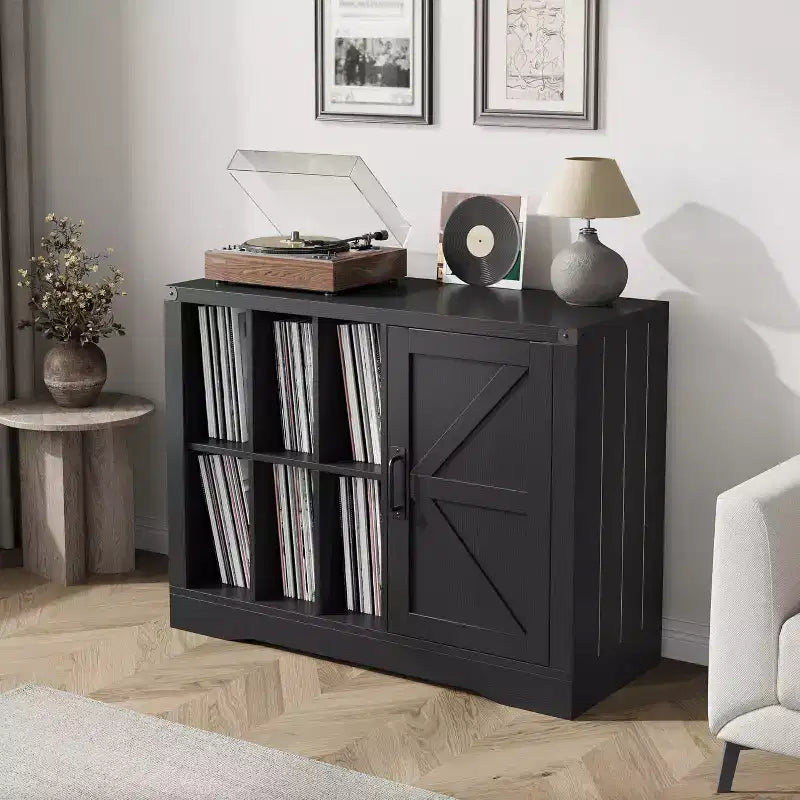 Farmhouse Black Wooden Turntable Stand with Barn Door - Vinyl Storage for 750 Albums, Display Shelves, Media Console Ideal for Living Room