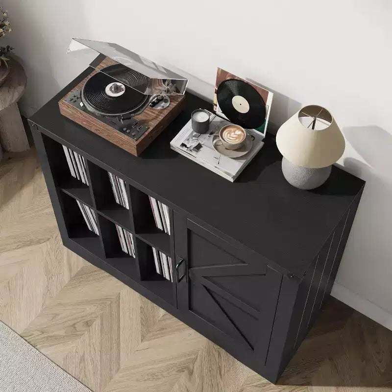 Farmhouse Black Wooden Turntable Stand with Barn Door - Vinyl Storage for 750 Albums, Display Shelves, Media Console Ideal for Living Room