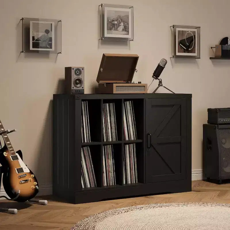 Farmhouse Black Wooden Turntable Stand with Barn Door - Vinyl Storage for 750 Albums, Display Shelves, Media Console Ideal for Living Room