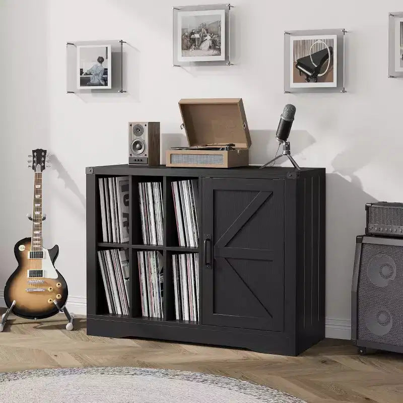 Farmhouse Black Wooden Turntable Stand with Barn Door - Vinyl Storage for 750 Albums, Display Shelves, Media Console Ideal for Living Room