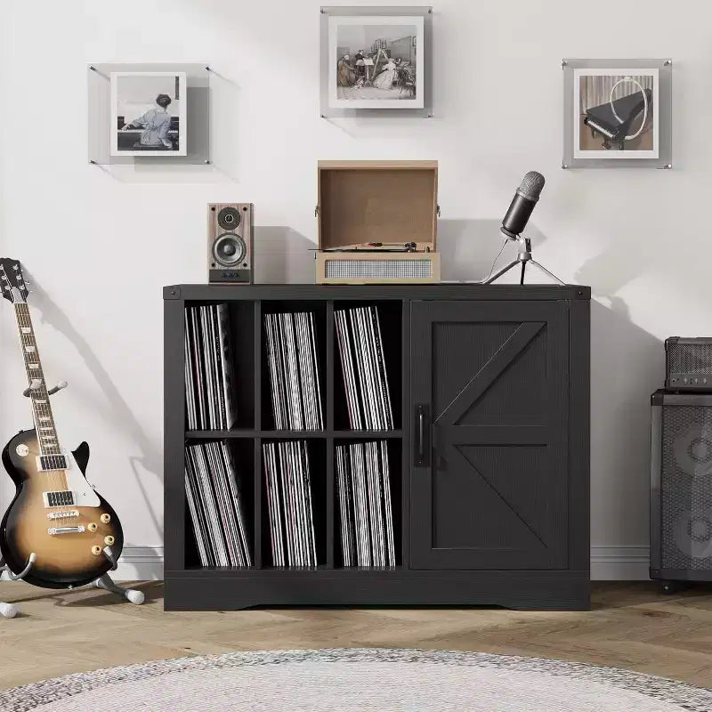 Farmhouse Black Wooden Turntable Stand with Barn Door - Vinyl Storage for 750 Albums, Display Shelves, Media Console Ideal for Living Room