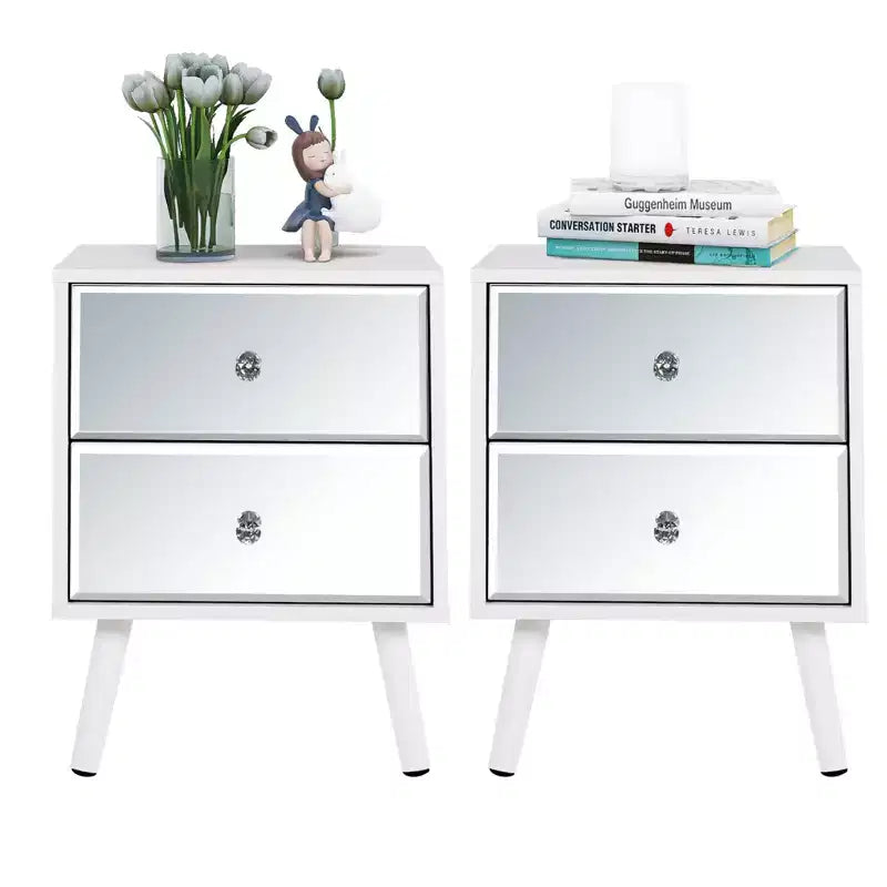 TYBOATLE Set of 2 Modern Mirrored 2-Drawer Nightstands/Beside Table with Solid Wood Legs - White