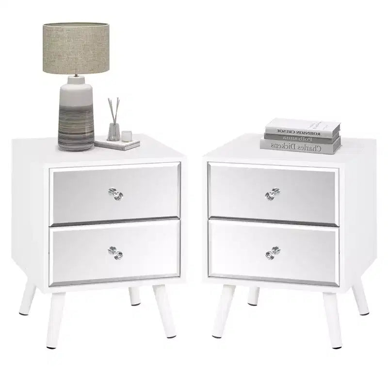 TYBOATLE Set of 2 Modern Mirrored 2-Drawer Nightstands/Beside Table with Solid Wood Legs - White