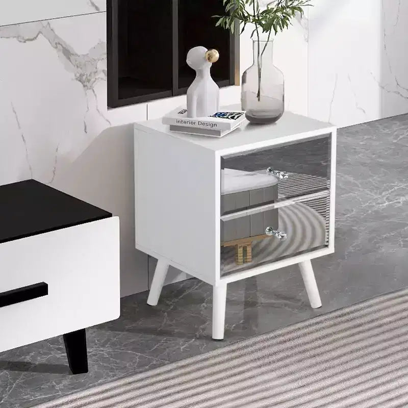TYBOATLE Set of 2 Modern Mirrored 2-Drawer Nightstands/Beside Table with Solid Wood Legs - White