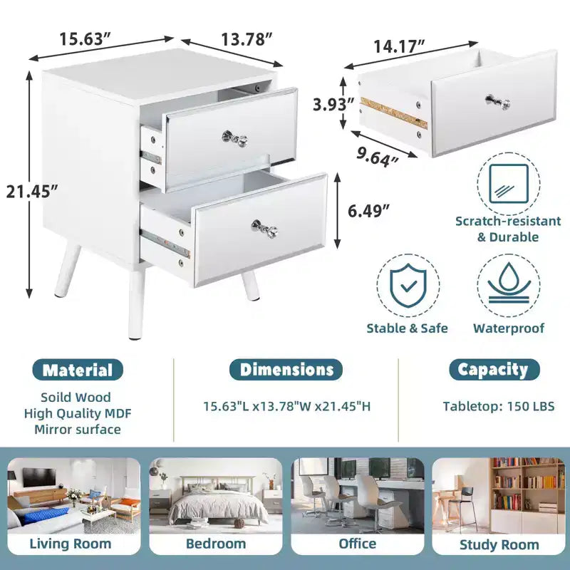 TYBOATLE Set of 2 Modern Mirrored 2-Drawer Nightstands/Beside Table with Solid Wood Legs - White