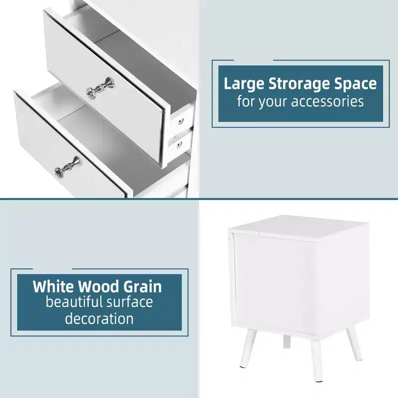 TYBOATLE Set of 2 Modern Mirrored 2-Drawer Nightstands/Beside Table with Solid Wood Legs - White