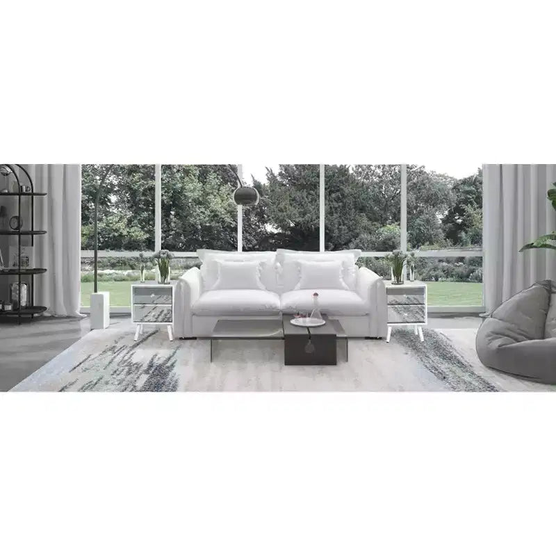 TYBOATLE Set of 2 Modern Mirrored 2-Drawer Nightstands/Beside Table with Solid Wood Legs - White