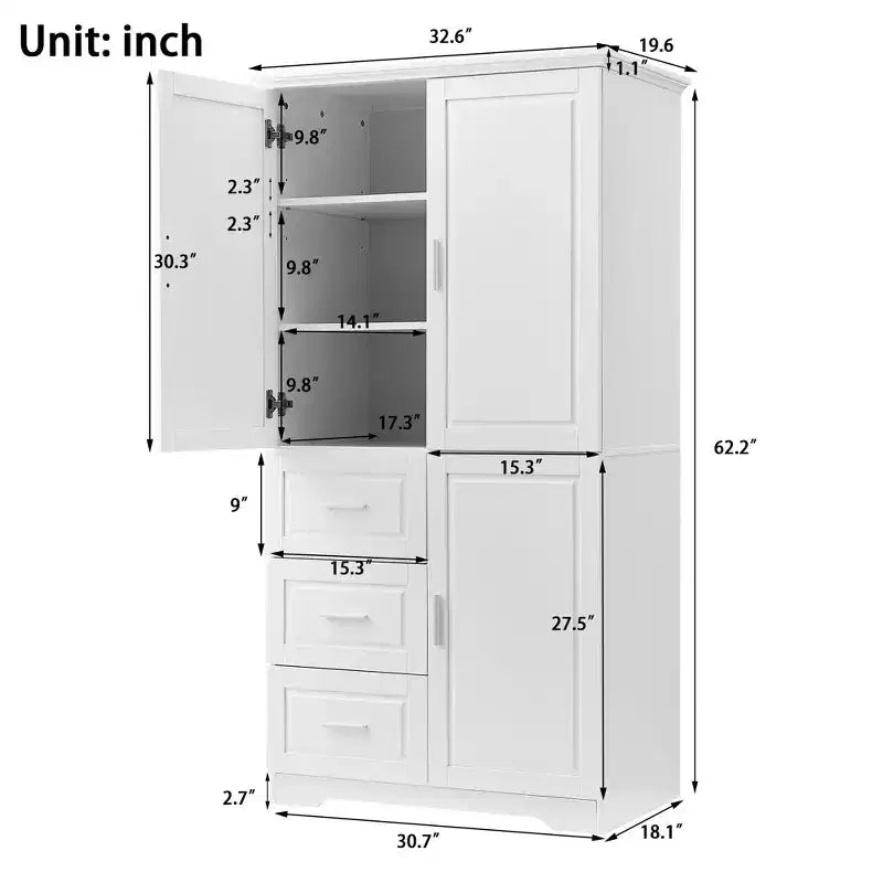 GDFStudio Sienna Modern Wood Tall Bathroom Storage Cabinet with Drawers and Adjustable Shelves