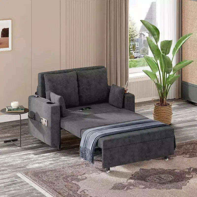 Convertible Sofa Bed,56 Inch Pull Out Couch,Loveseat Sleeper Sofa Bed with 4 Pillows,USB Charging, Cup Holder,Side Pockets for Living Room, Bedroom