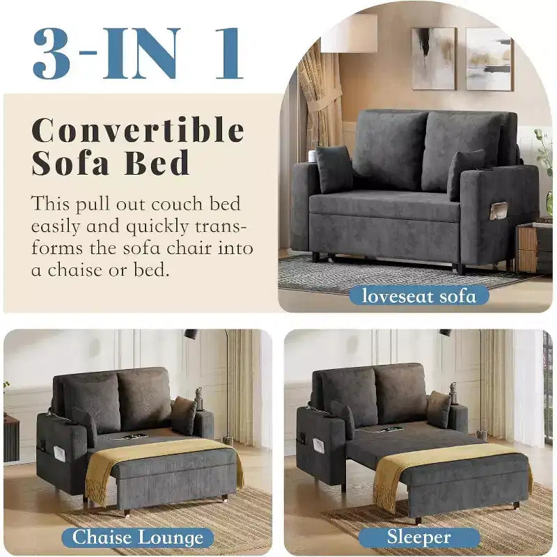 Convertible Sofa Bed,56 Inch Pull Out Couch,Loveseat Sleeper Sofa Bed with 4 Pillows,USB Charging, Cup Holder,Side Pockets for Living Room, Bedroom