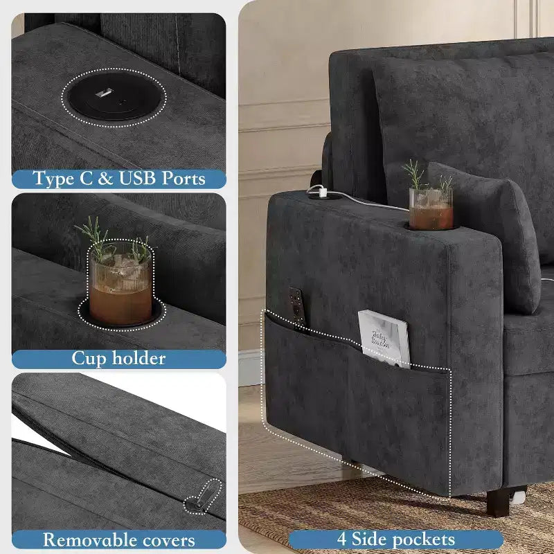 Convertible Sofa Bed,56 Inch Pull Out Couch,Loveseat Sleeper Sofa Bed with 4 Pillows,USB Charging, Cup Holder,Side Pockets for Living Room, Bedroom