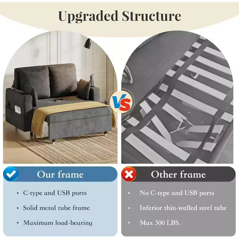 Convertible Sofa Bed,56 Inch Pull Out Couch,Loveseat Sleeper Sofa Bed with 4 Pillows,USB Charging, Cup Holder,Side Pockets for Living Room, Bedroom