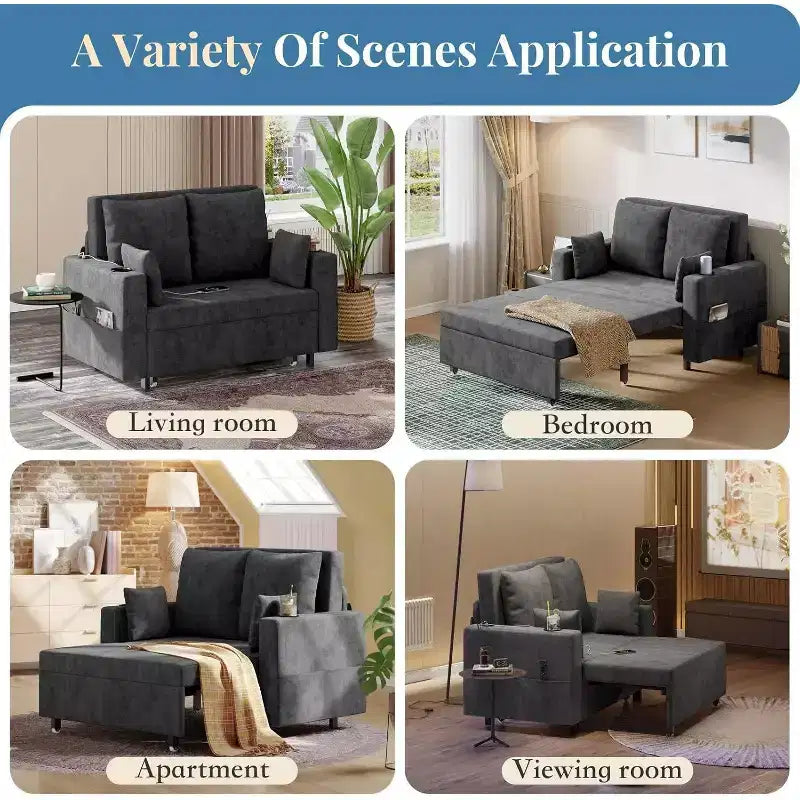 Convertible Sofa Bed,56 Inch Pull Out Couch,Loveseat Sleeper Sofa Bed with 4 Pillows,USB Charging, Cup Holder,Side Pockets for Living Room, Bedroom
