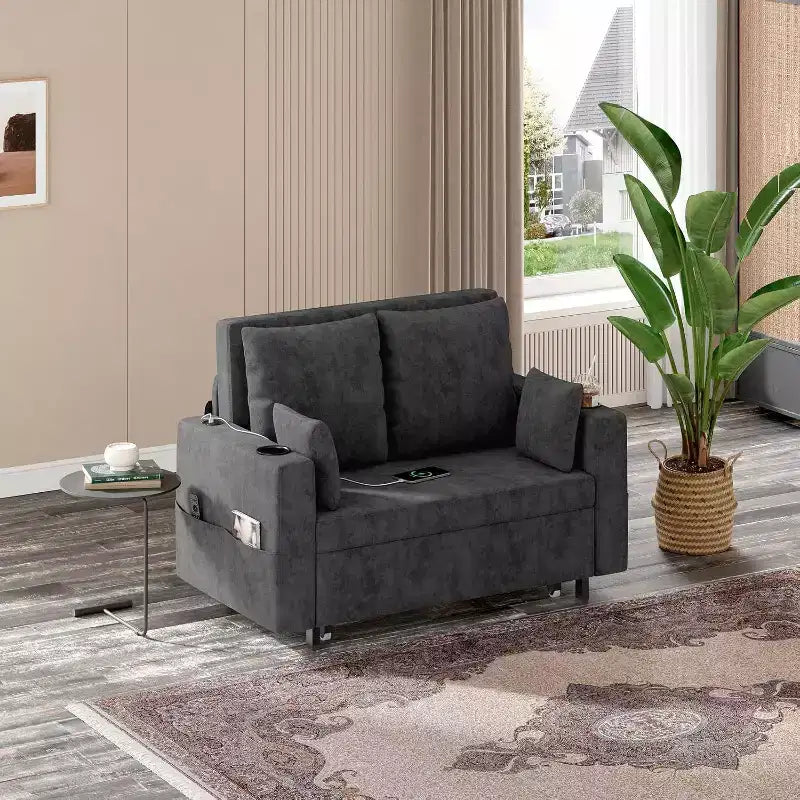 Convertible Sofa Bed,56 Inch Pull Out Couch,Loveseat Sleeper Sofa Bed with 4 Pillows,USB Charging, Cup Holder,Side Pockets for Living Room, Bedroom
