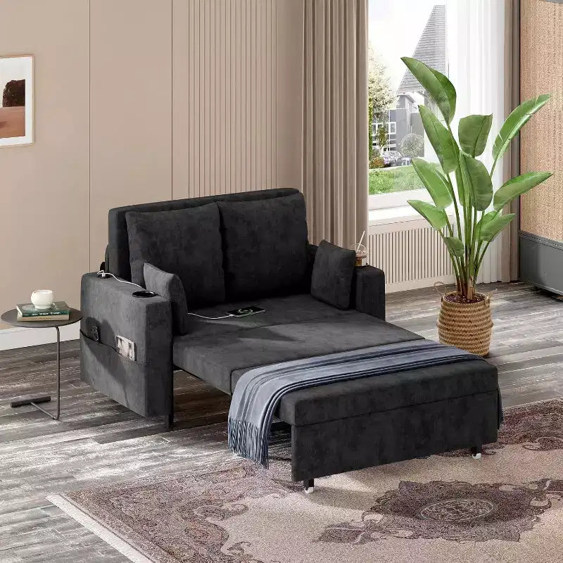 Convertible Sofa Bed,56 Inch Pull Out Couch,Loveseat Sleeper Sofa Bed with 4 Pillows,USB Charging, Cup Holder,Side Pockets for Living Room, Bedroom