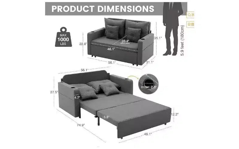 Convertible Sofa Bed,56 Inch Pull Out Couch,Loveseat Sleeper Sofa Bed with 4 Pillows,USB Charging, Cup Holder,Side Pockets for Living Room, Bedroom