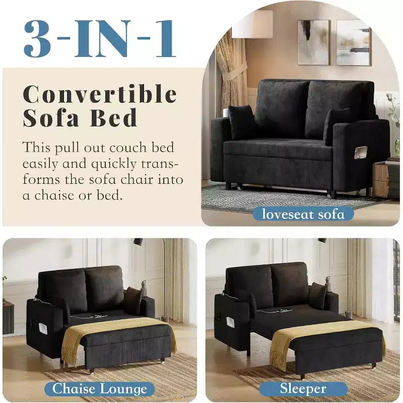 Convertible Sofa Bed,56 Inch Pull Out Couch,Loveseat Sleeper Sofa Bed with 4 Pillows,USB Charging, Cup Holder,Side Pockets for Living Room, Bedroom