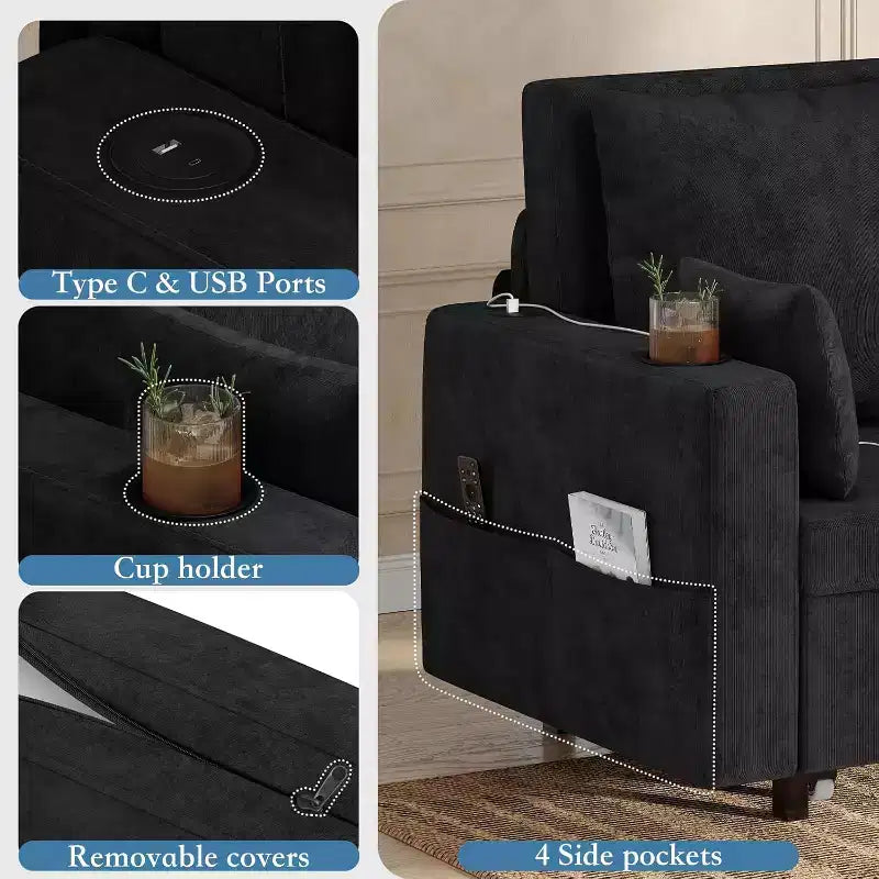 Convertible Sofa Bed,56 Inch Pull Out Couch,Loveseat Sleeper Sofa Bed with 4 Pillows,USB Charging, Cup Holder,Side Pockets for Living Room, Bedroom