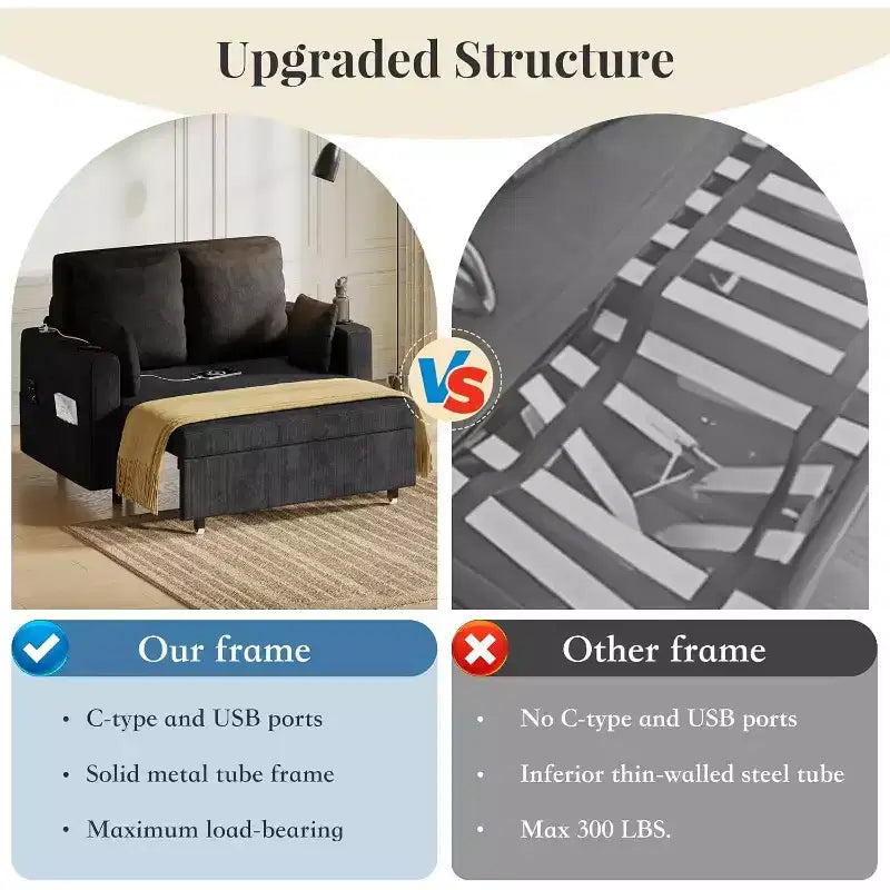 Convertible Sofa Bed,56 Inch Pull Out Couch,Loveseat Sleeper Sofa Bed with 4 Pillows,USB Charging, Cup Holder,Side Pockets for Living Room, Bedroom