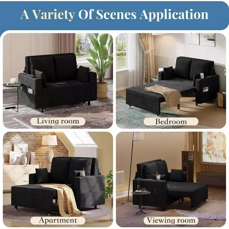 Convertible Sofa Bed,56 Inch Pull Out Couch,Loveseat Sleeper Sofa Bed with 4 Pillows,USB Charging, Cup Holder,Side Pockets for Living Room, Bedroom