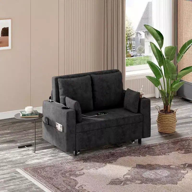Convertible Sofa Bed,56 Inch Pull Out Couch,Loveseat Sleeper Sofa Bed with 4 Pillows,USB Charging, Cup Holder,Side Pockets for Living Room, Bedroom