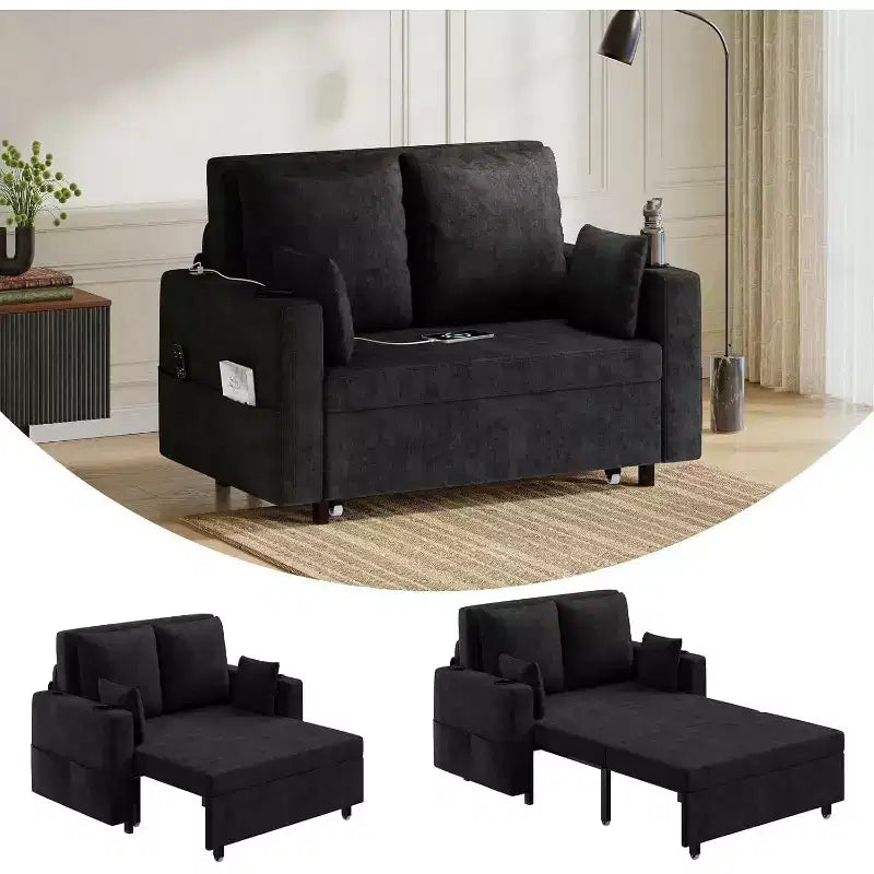 Convertible Sofa Bed,56 Inch Pull Out Couch,Loveseat Sleeper Sofa Bed with 4 Pillows,USB Charging, Cup Holder,Side Pockets for Living Room, Bedroom