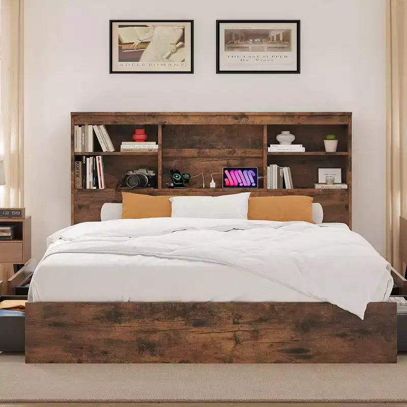 Wood Bed Frame with Tall Bookcase Headboard, 4 Storage Drawers, Built-in Charging Station, Sturdy Metal Platform, Noise-Free, No Box Spring Needed