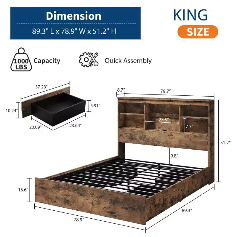 Wood Bed Frame with Tall Bookcase Headboard, 4 Storage Drawers, Built-in Charging Station, Sturdy Metal Platform, Noise-Free, No Box Spring Needed
