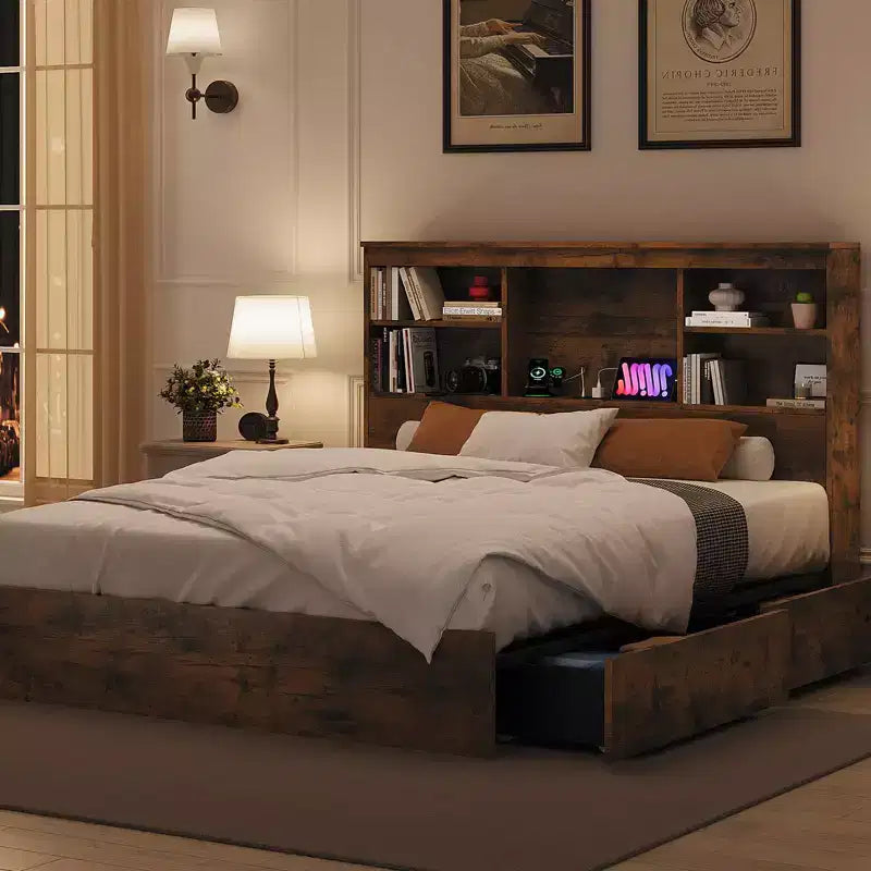 Wood Bed Frame with Tall Bookcase Headboard, 4 Storage Drawers, Built-in Charging Station, Sturdy Metal Platform, Noise-Free, No Box Spring Needed