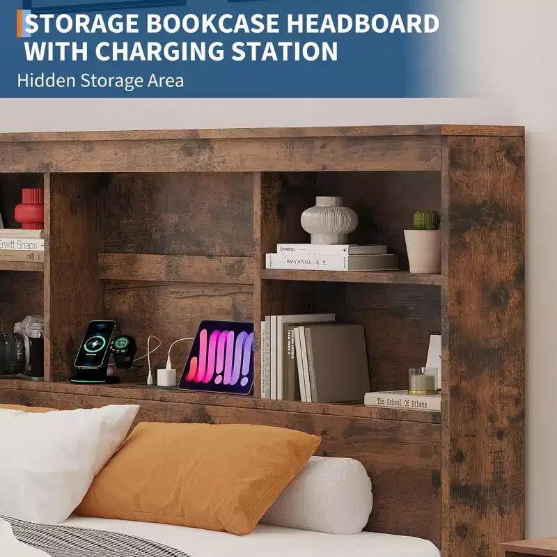 Wood Bed Frame with Tall Bookcase Headboard, 4 Storage Drawers, Built-in Charging Station, Sturdy Metal Platform, Noise-Free, No Box Spring Needed