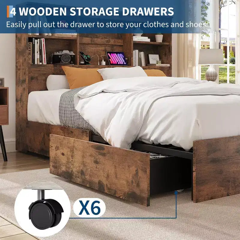 Wood Bed Frame with Tall Bookcase Headboard, 4 Storage Drawers, Built-in Charging Station, Sturdy Metal Platform, Noise-Free, No Box Spring Needed