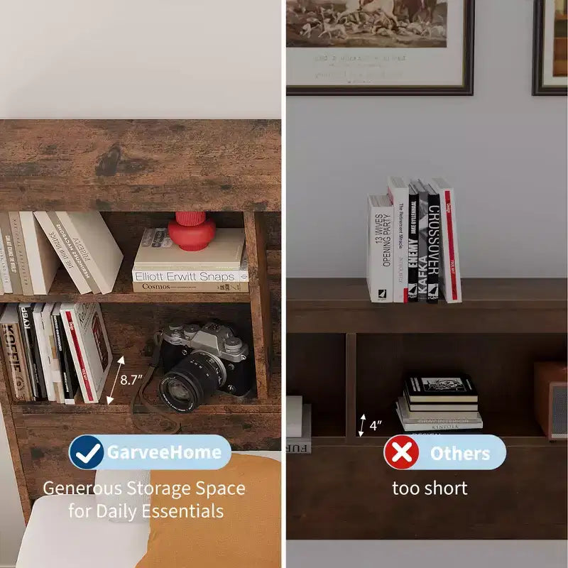 Wood Bed Frame with Tall Bookcase Headboard, 4 Storage Drawers, Built-in Charging Station, Sturdy Metal Platform, Noise-Free, No Box Spring Needed