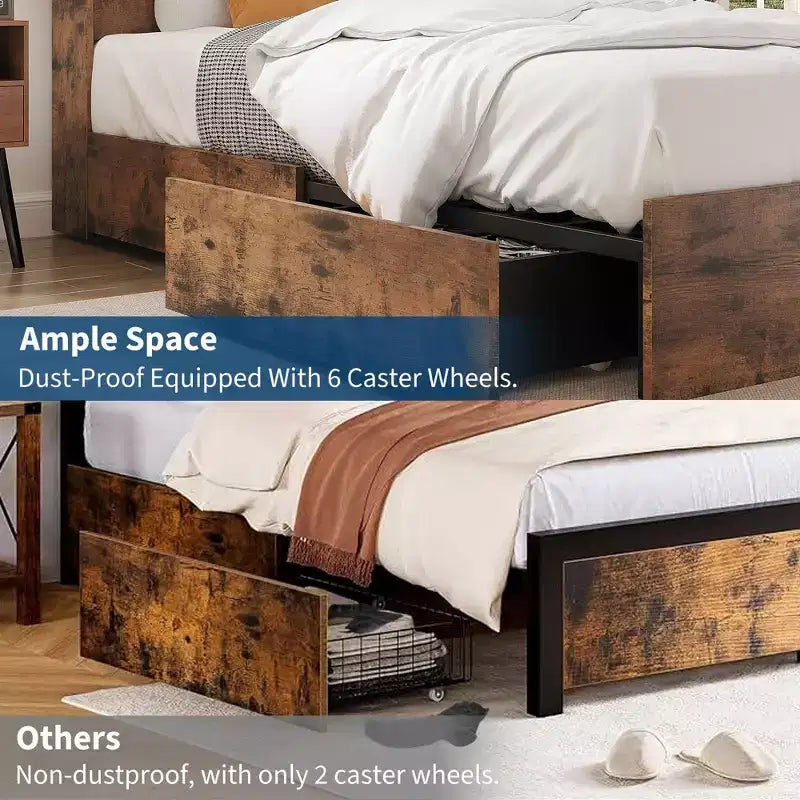 Wood Bed Frame with Tall Bookcase Headboard, 4 Storage Drawers, Built-in Charging Station, Sturdy Metal Platform, Noise-Free, No Box Spring Needed