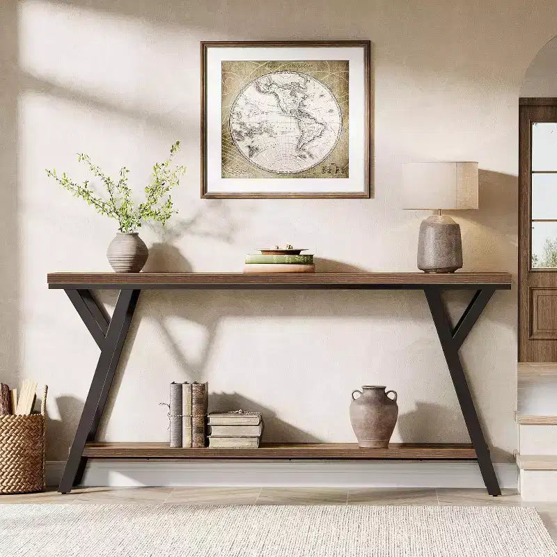 Lantine 70.9-inch Industrial Narrow Console Table with 2-Tier Storage Shelf, Rustic Brown, Ideal for Entryway, Hallway, Living Room, Foyer.