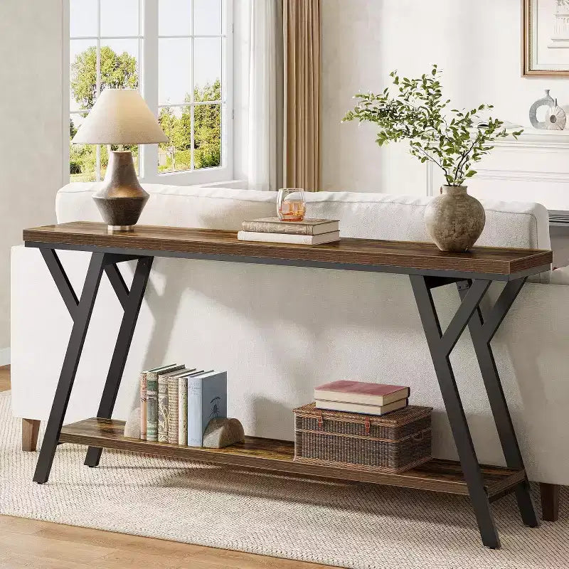 Lantine 70.9-inch Industrial Narrow Console Table with 2-Tier Storage Shelf, Rustic Brown, Ideal for Entryway, Hallway, Living Room, Foyer.