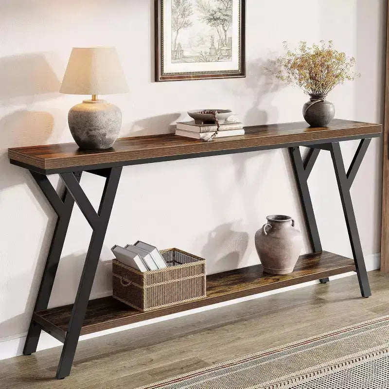 Lantine 70.9-inch Industrial Narrow Console Table with 2-Tier Storage Shelf, Rustic Brown, Ideal for Entryway, Hallway, Living Room, Foyer.