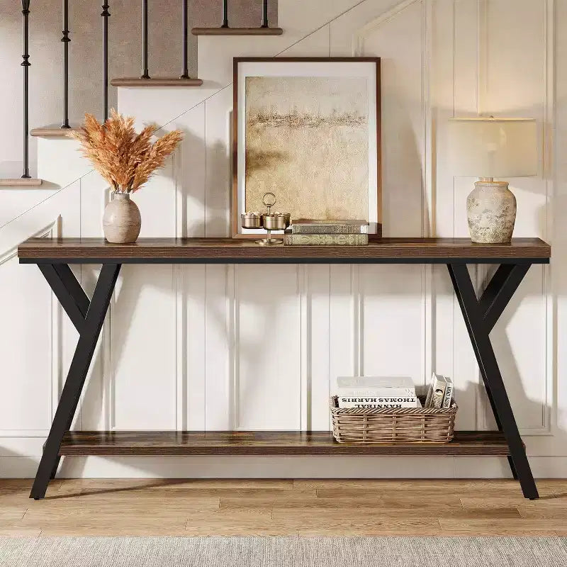 Lantine 70.9-inch Industrial Narrow Console Table with 2-Tier Storage Shelf, Rustic Brown, Ideal for Entryway, Hallway, Living Room, Foyer.