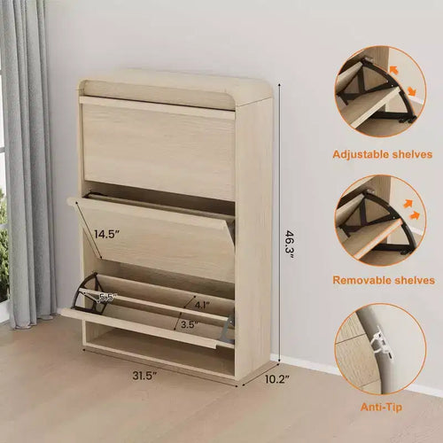 COZONY 46 Tall Shoe Cabinet with 3 Flip Drawers Wooden Shoe Storage with Adjustable Shelf for Entryway Hallway Living Room