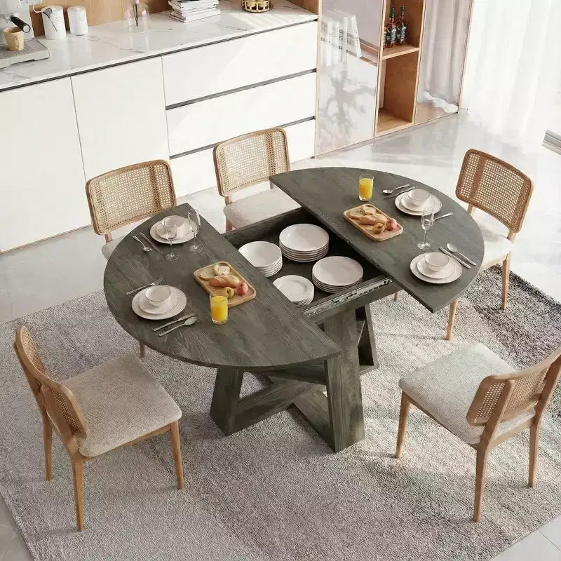 GDFStudio Nolwenn Farmhouse Extendable Round Dining Table with Storage Shelf