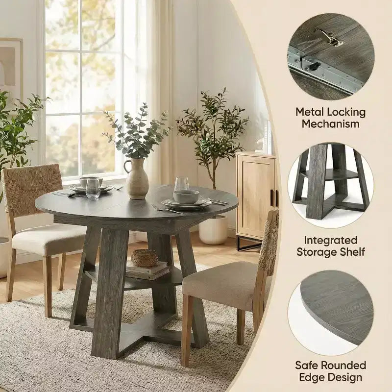 GDFStudio Nolwenn Farmhouse Extendable Round Dining Table with Storage Shelf