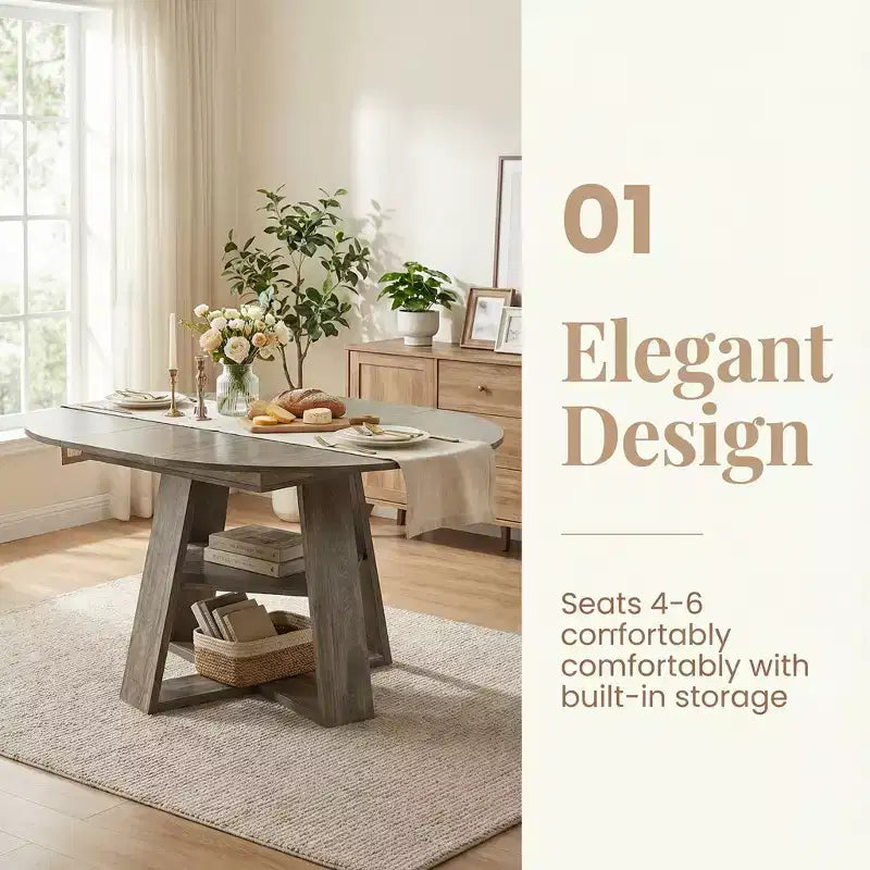 GDFStudio Nolwenn Farmhouse Extendable Round Dining Table with Storage Shelf