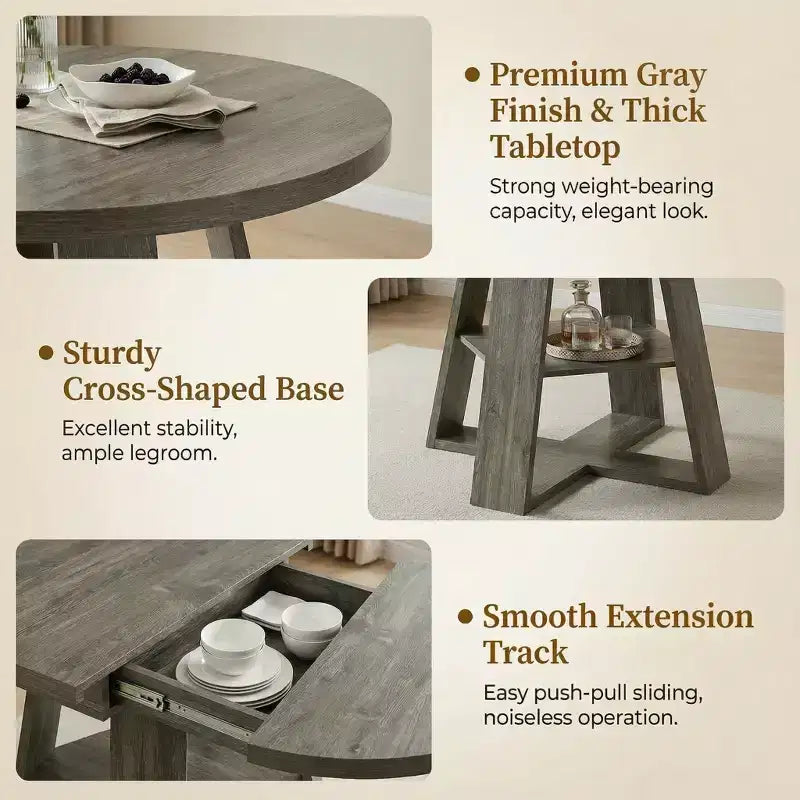 GDFStudio Nolwenn Farmhouse Extendable Round Dining Table with Storage Shelf