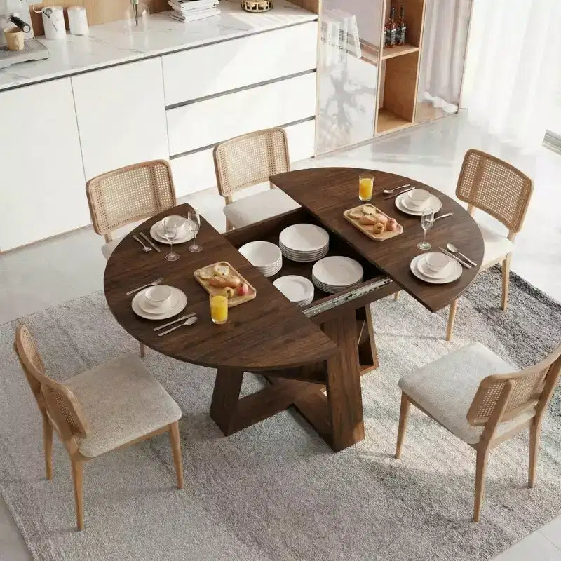 GDFStudio Nolwenn Farmhouse Extendable Round Dining Table with Storage Shelf