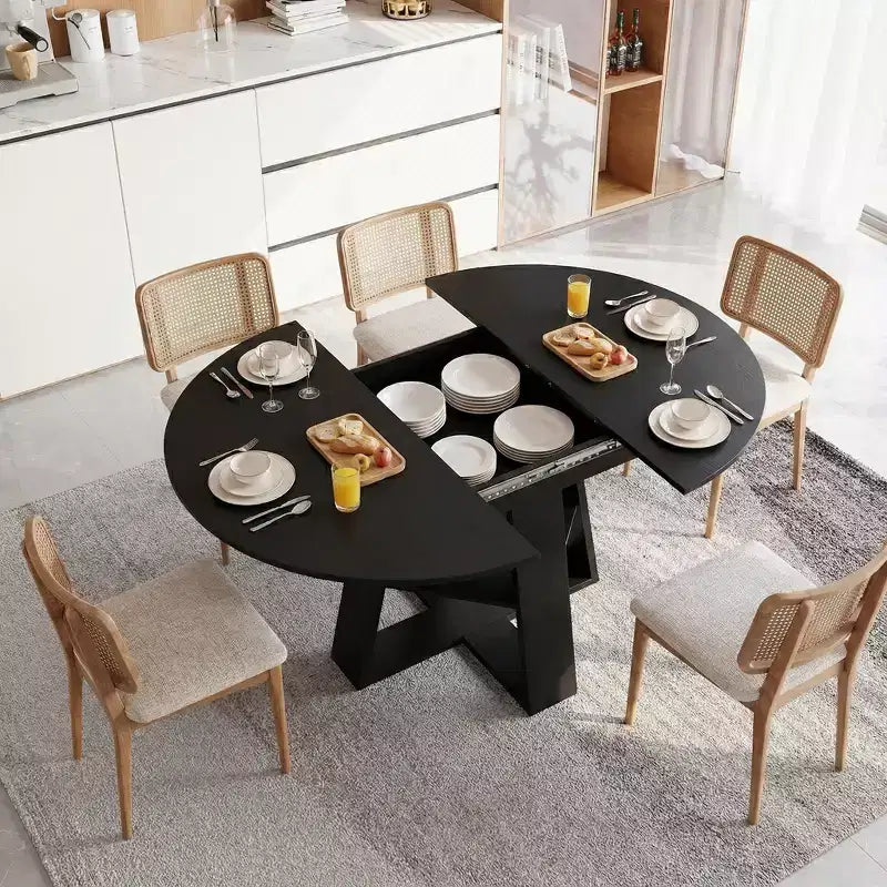 GDFStudio Nolwenn Farmhouse Extendable Round Dining Table with Storage Shelf