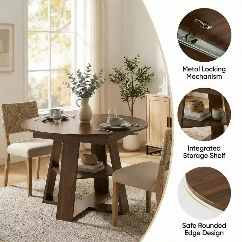 GDFStudio Nolwenn Farmhouse Extendable Round Dining Table with Storage Shelf