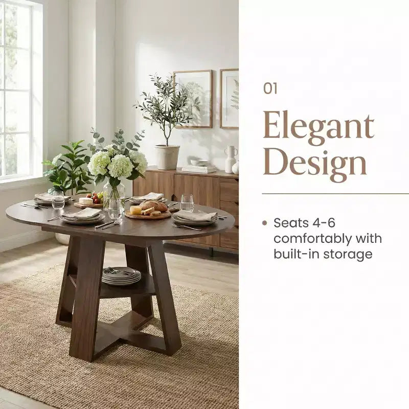 GDFStudio Nolwenn Farmhouse Extendable Round Dining Table with Storage Shelf