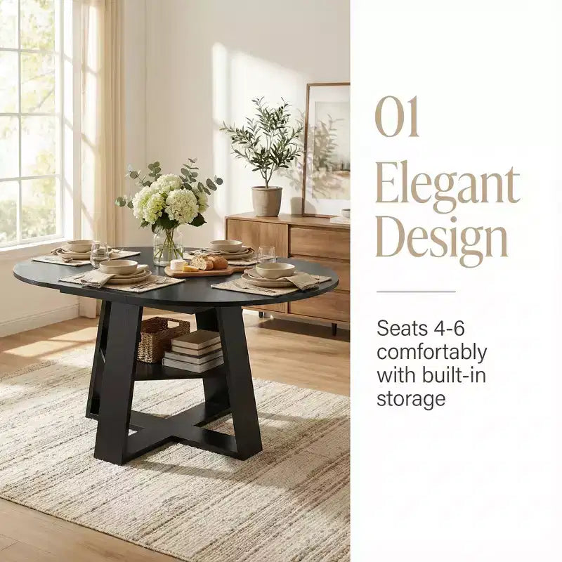 GDFStudio Nolwenn Farmhouse Extendable Round Dining Table with Storage Shelf