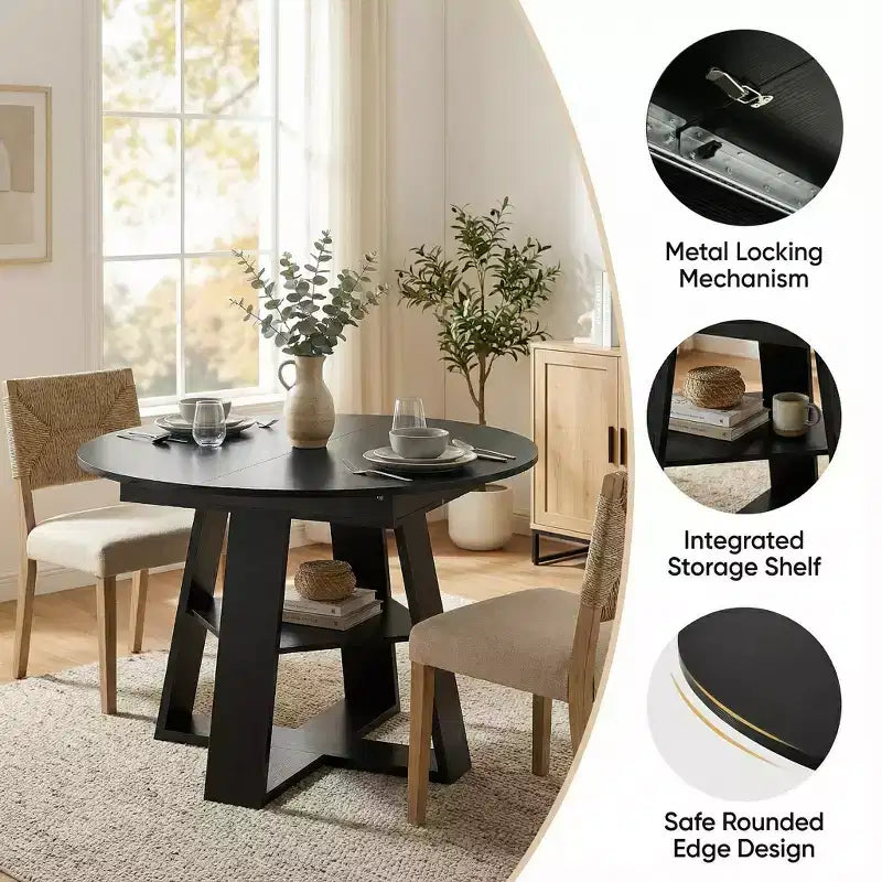 GDFStudio Nolwenn Farmhouse Extendable Round Dining Table with Storage Shelf