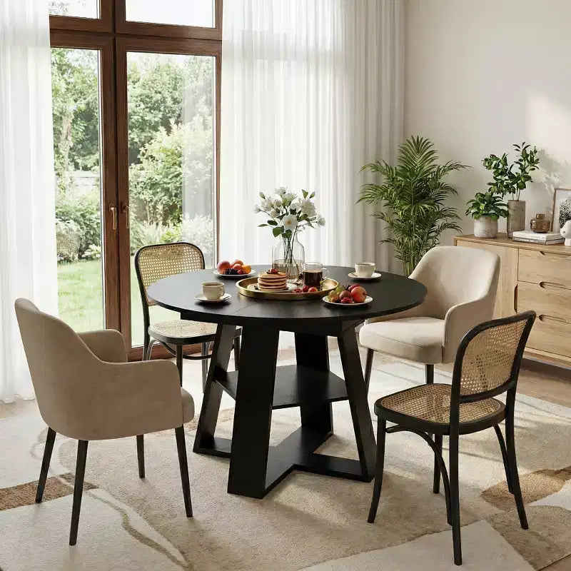 GDFStudio Nolwenn Farmhouse Extendable Round Dining Table with Storage Shelf