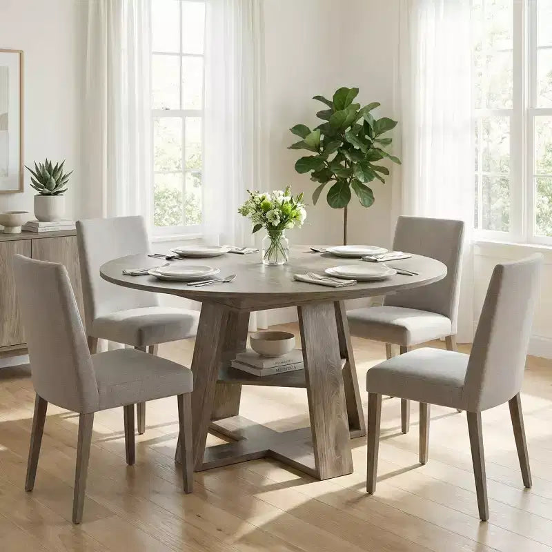 GDFStudio Nolwenn Farmhouse Extendable Round Dining Table with Storage Shelf